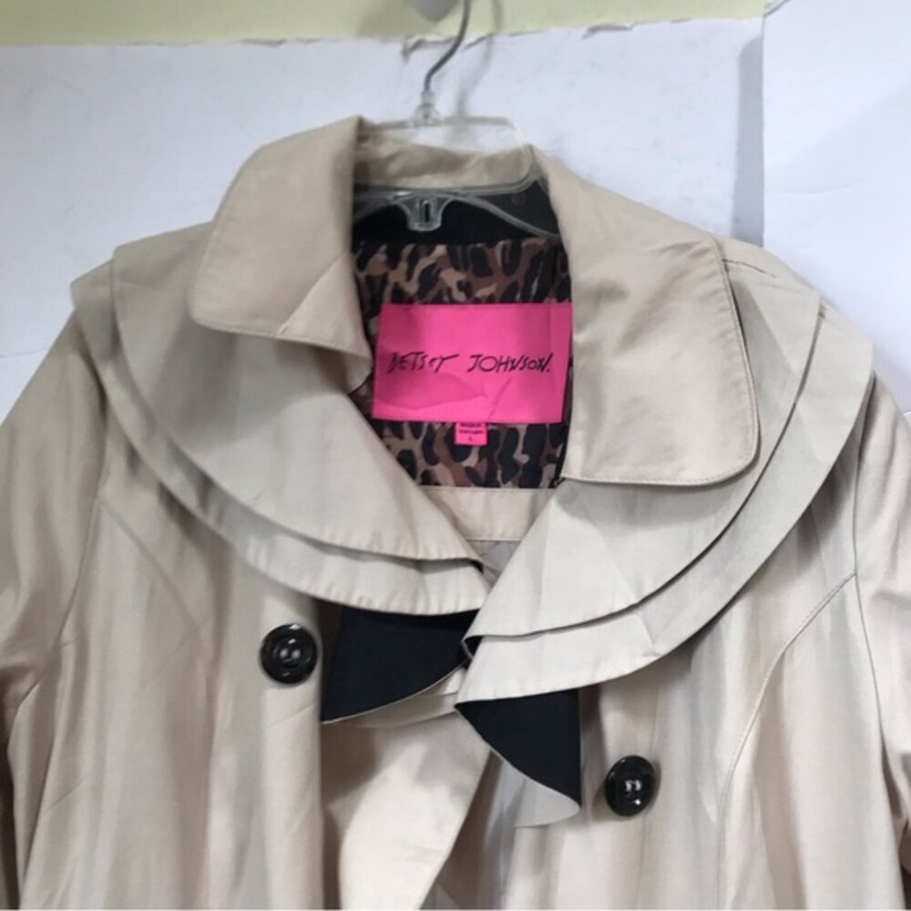 Betsey Johnson Ruffle Trench Lightweight Double Breasted Coat Cotton Tan Belt L - Picture 8 of 15
